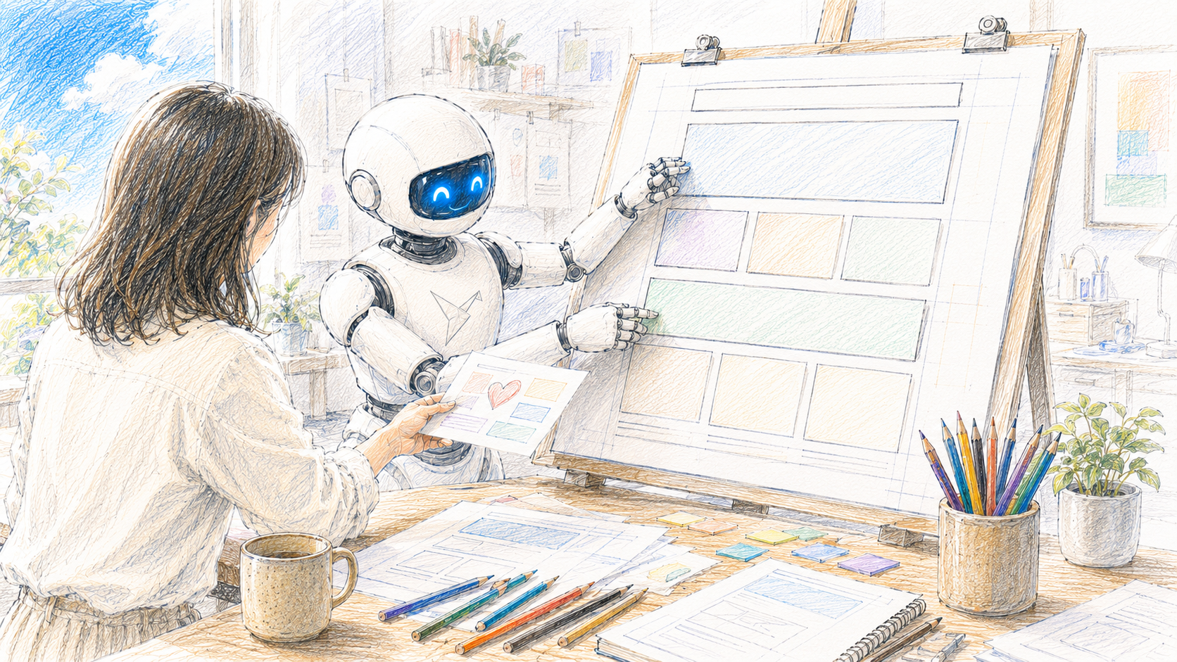 100% AI でホームページを作りました。でも、私たちの思いはぎゅーっと詰まっています アイキャッチ (色鉛筆スケッチ)