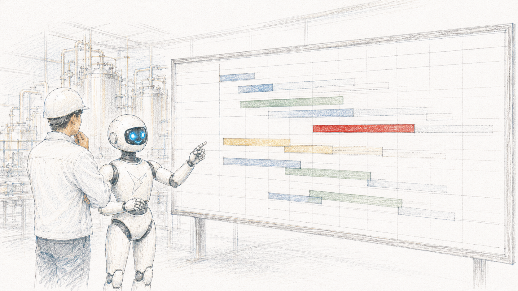 生産計画 AI エージェントのイメージ: 計画担当者と AI が大きな計画ボードを前に並び、複数のバッチ案を重ねたガントチャートを見比べている。色鉛筆スケッチ