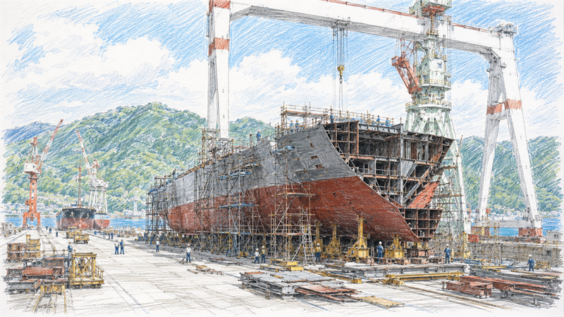 TSUNEISHI COREBLE サムネイル: 造船ドックでばら積み船を建造中。色鉛筆スケッチ