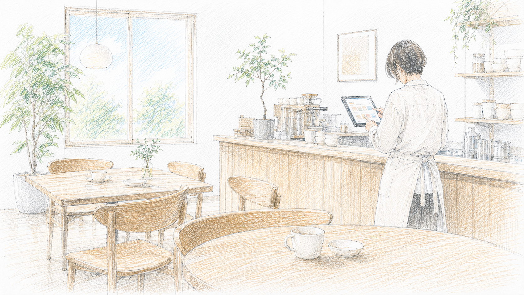 飲食フランチャイズ 店舗発注システムのイメージ: 明るいカフェ店内、スタッフがカウンター越しに iPad で発注操作、淡い木目テーブルと観葉植物。色鉛筆スケッチ