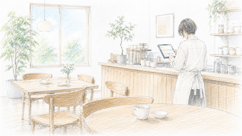 飲食 FC 店舗発注 サムネイル: 明るいカフェ店内とスタッフの iPad 操作。色鉛筆スケッチ