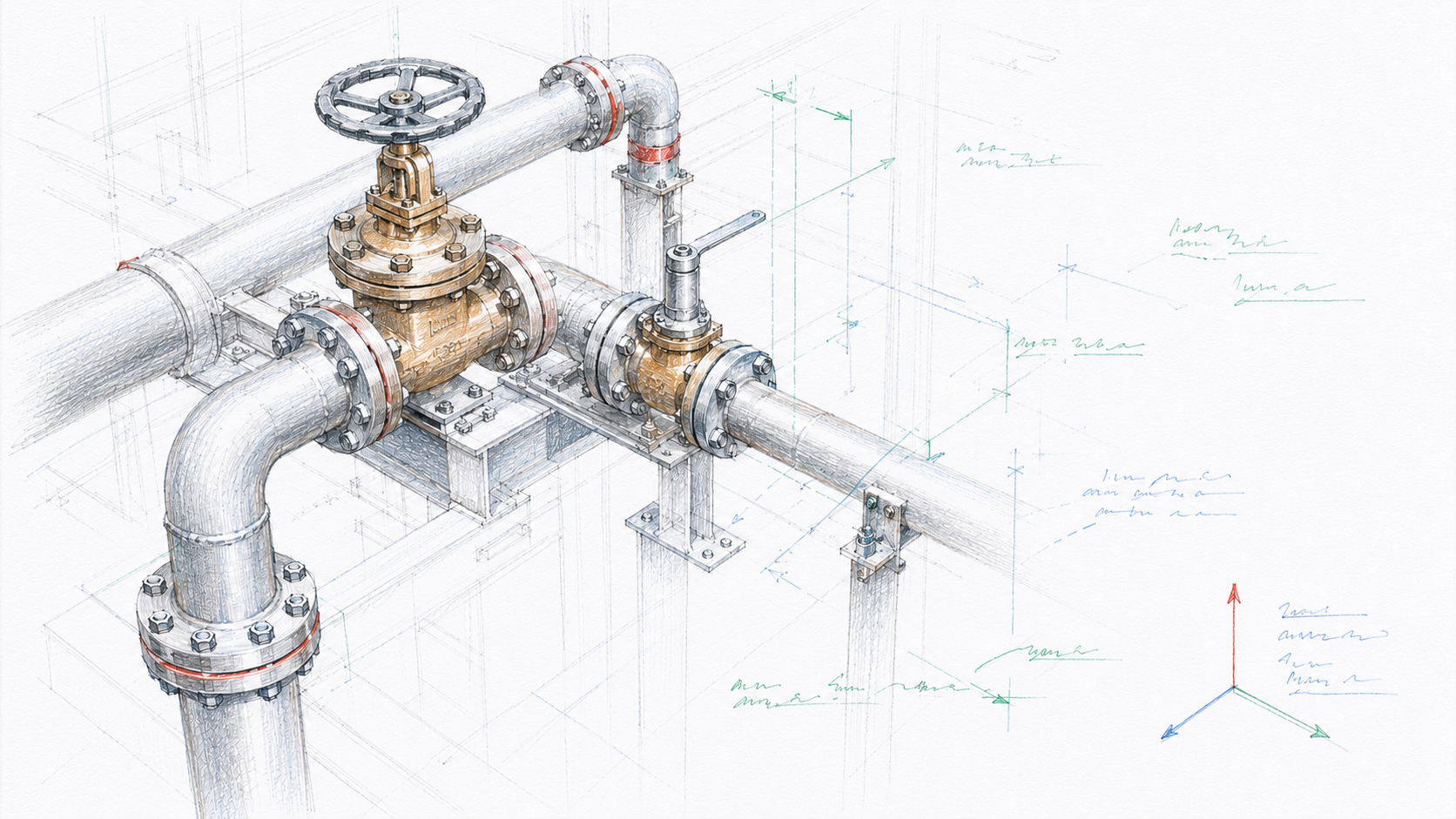 弁類・パイプ管理システムのイメージ: 3D-CAD 由来のアイソメトリック視点で描かれた、バルブ・パイプ・フランジ接合部の色鉛筆スケッチ