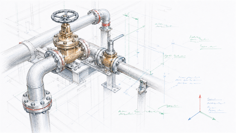TSUNEISHI 弁類パイプ管理 サムネイル: 3D-CAD 由来のバルブ・パイプ接合部スケッチ
