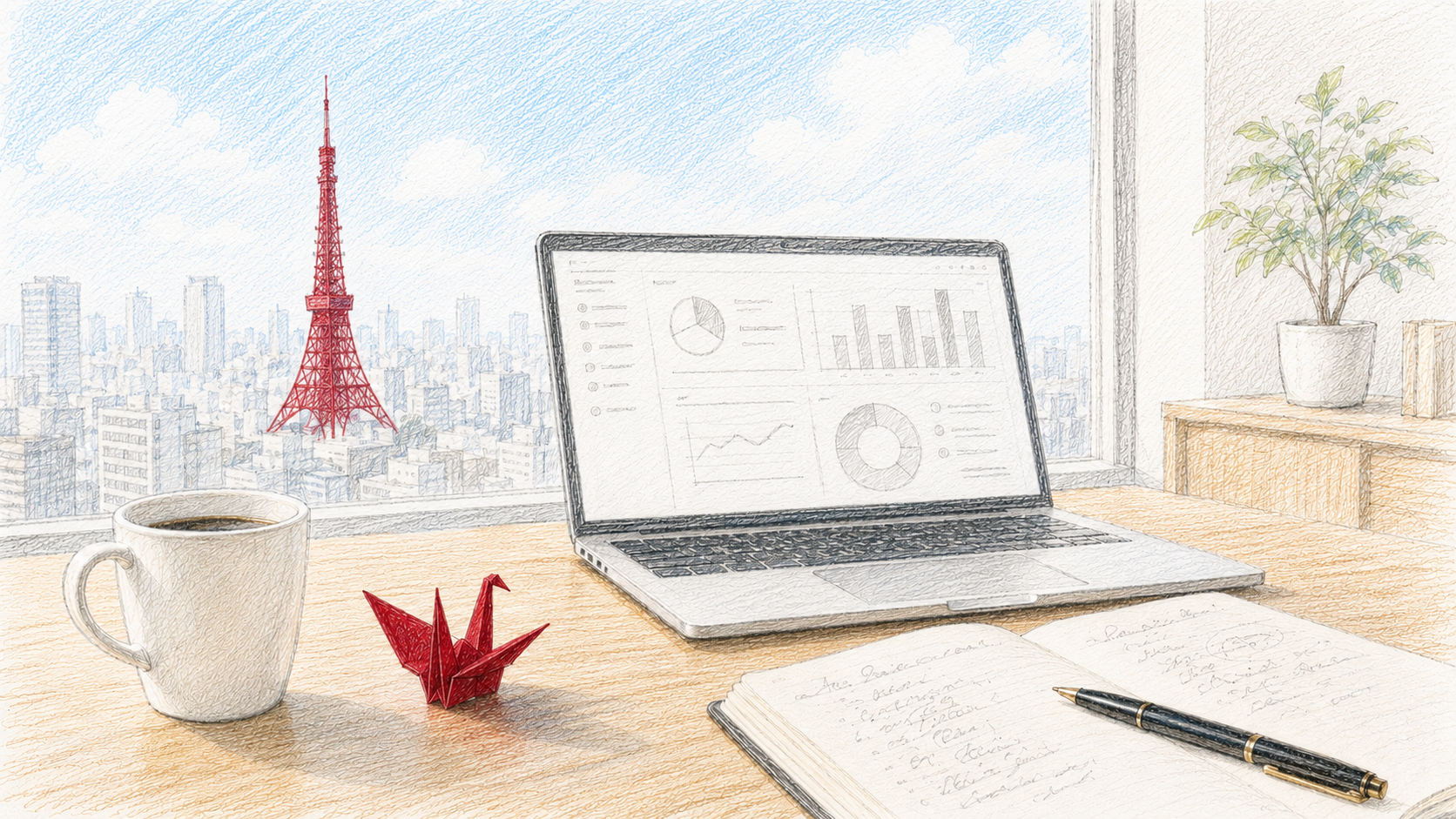 モノづくりに寄り添う Leapcom のデスク — 東京タワーを望む窓辺に折り鶴とノート PC、手書きのノートとコーヒー (色鉛筆スケッチ)